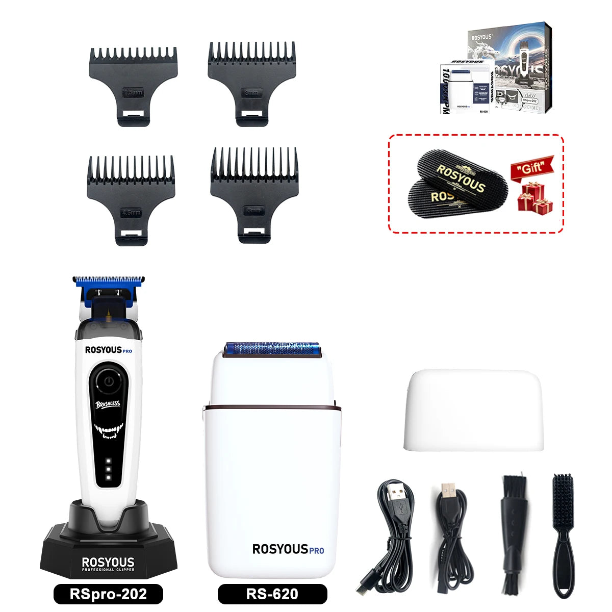 A collection of Rosyous professional electric hair clippers including various attachments and the RSpro-202, RS-620, and acce