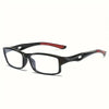 Black rectangular anti-blue light reading glasses with a red accent on the temples