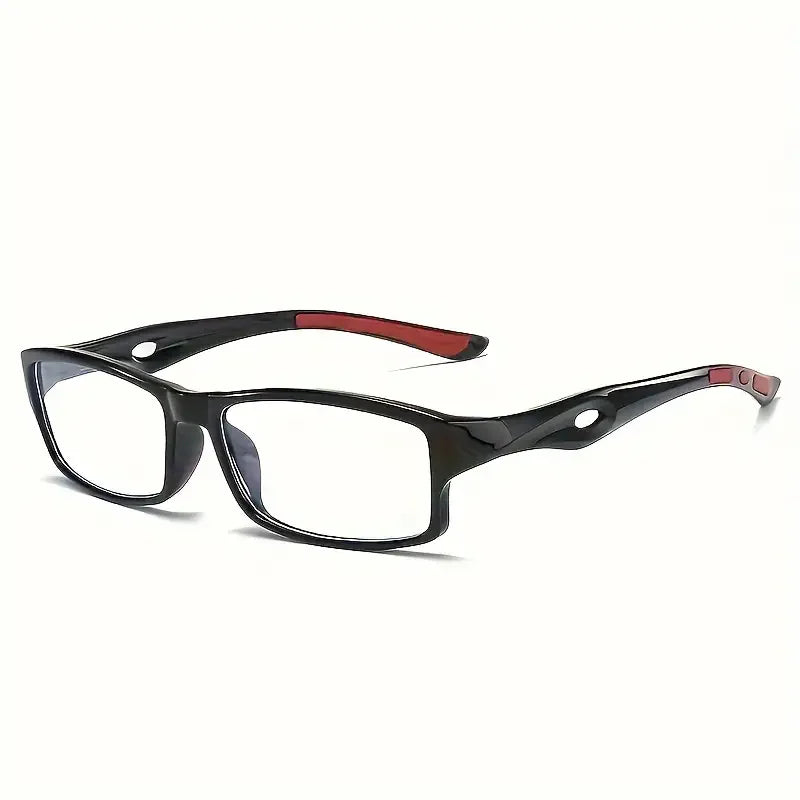 Black rectangular anti-blue light reading glasses with a red accent on the temples