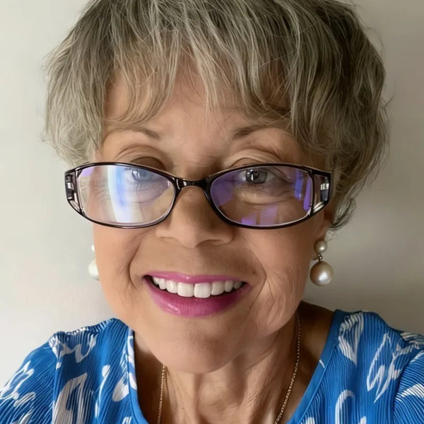 A woman wearing elegant anti-blue light reading glasses smiles at the camera.