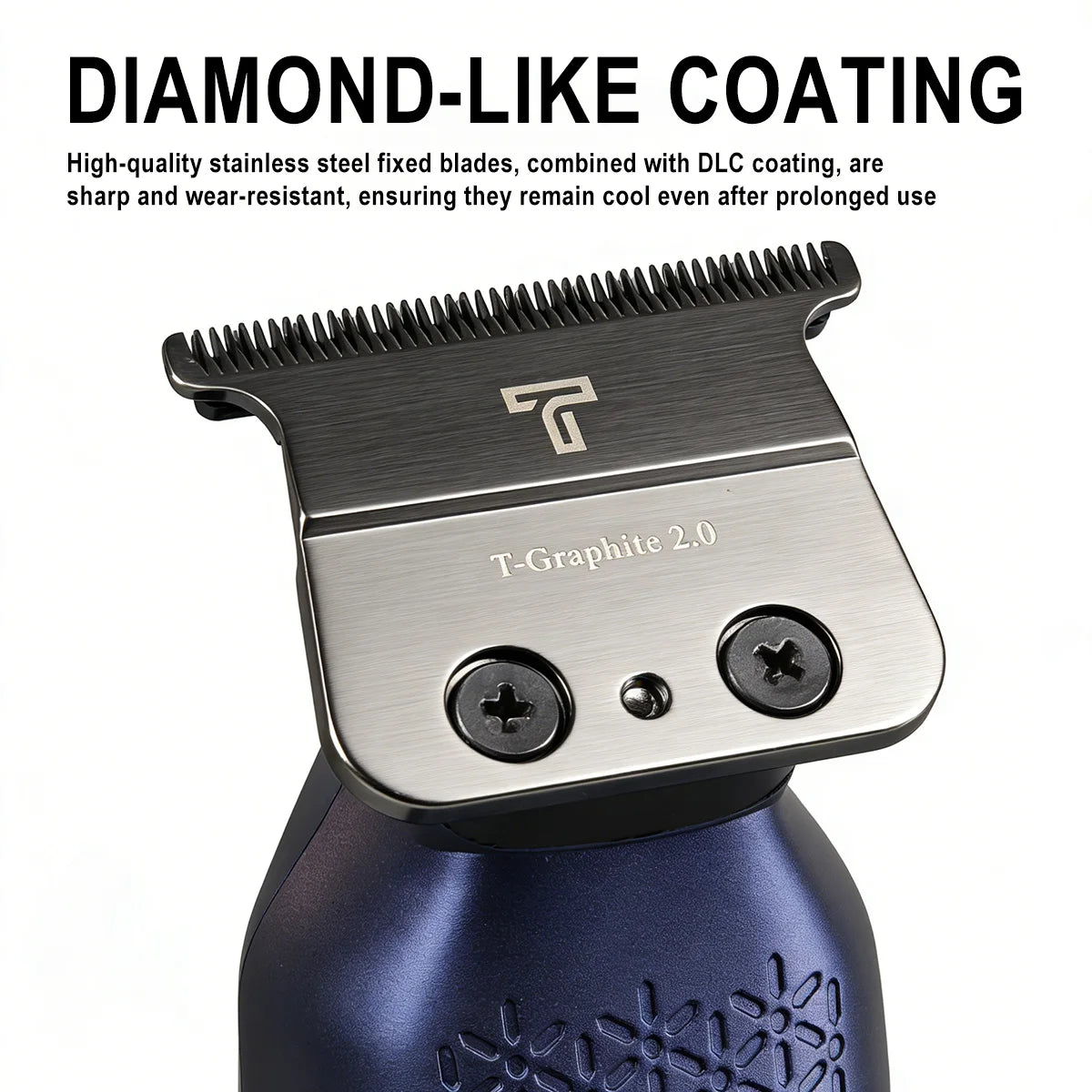Close-up of a T-Graphite 2.0 diamond-like coated hair trimmer with a silver body and black teeth.