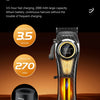 A professional electric hair clipper is shown with its charging base, highlighting its long battery life and fast charging ca