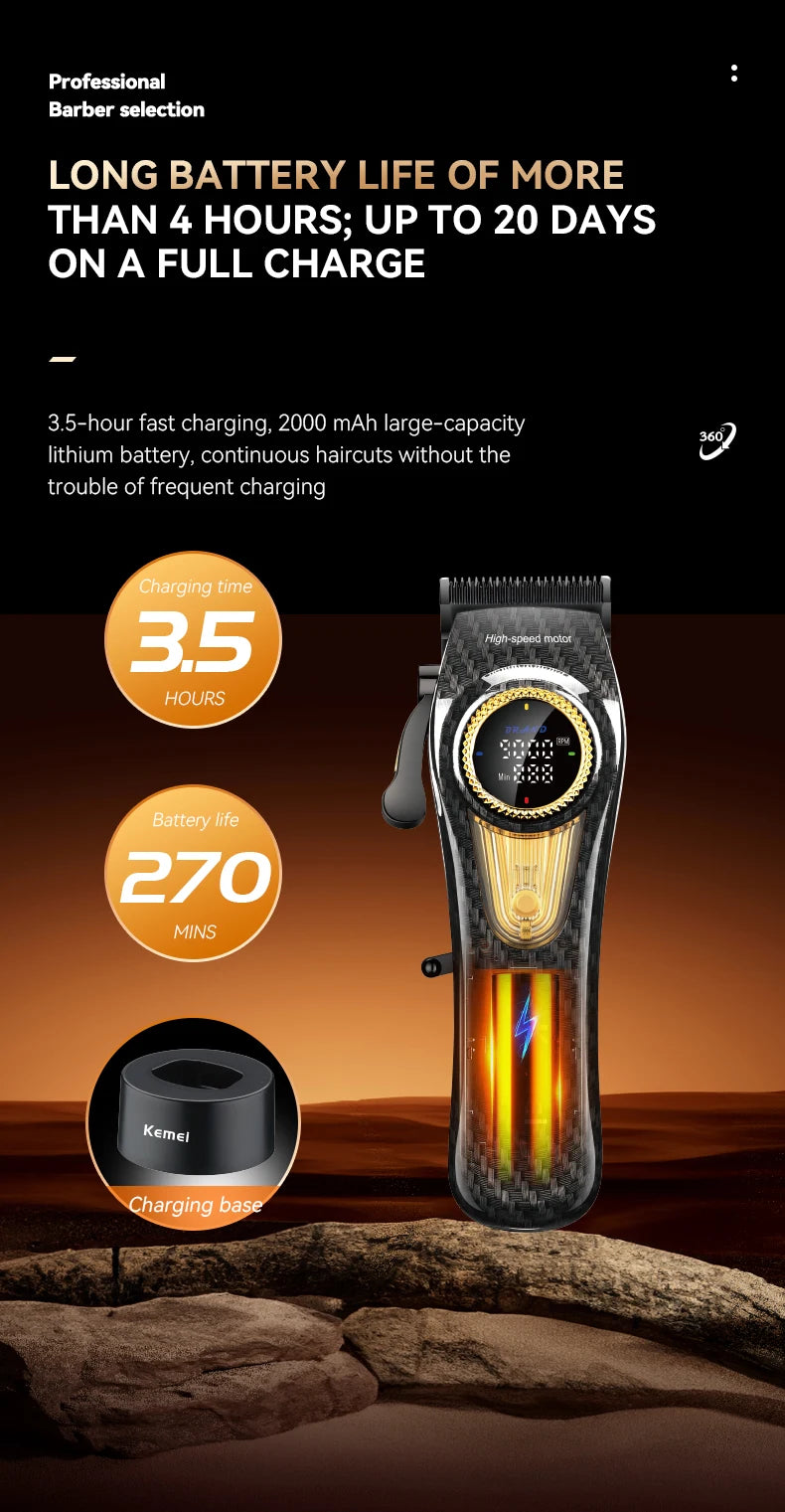 A professional electric hair clipper is shown with its charging base, highlighting its long battery life and fast charging ca