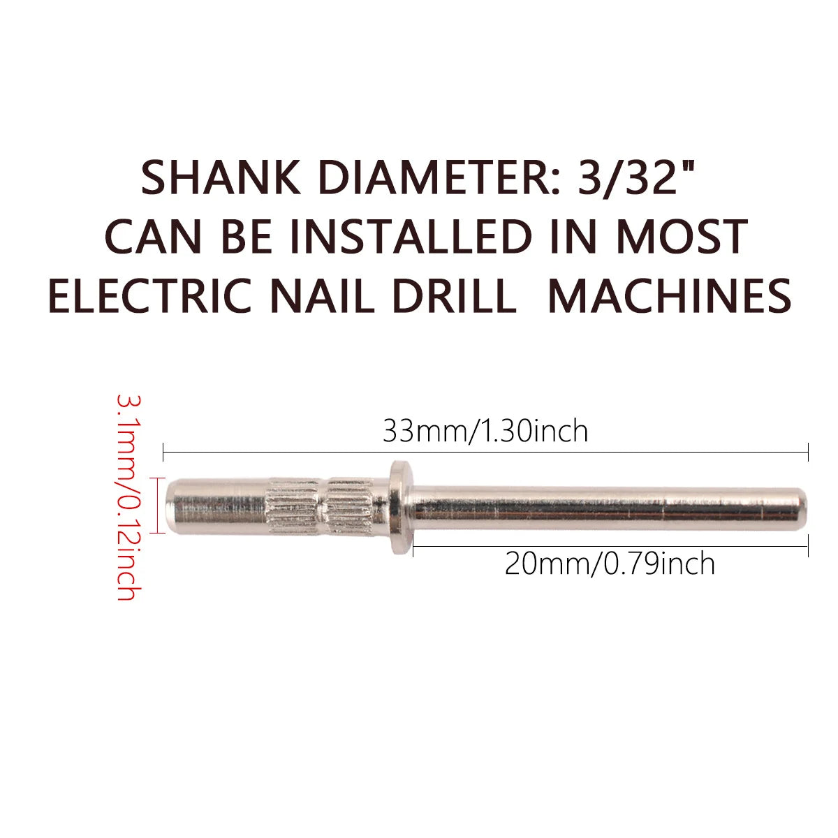 A silver metal shank with a threaded end shown next to a ruler for scale.