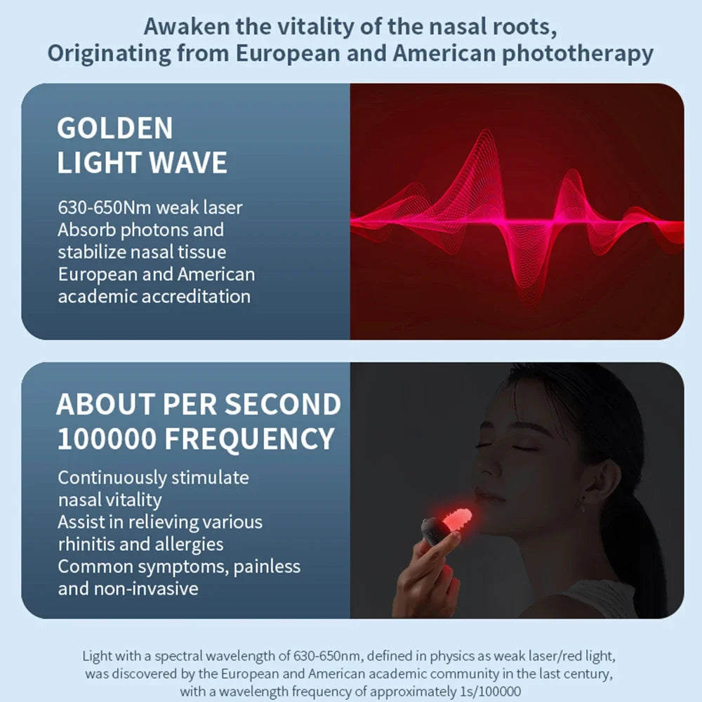 A woman is using a light therapy clip on her nose to relieve nasal symptoms.