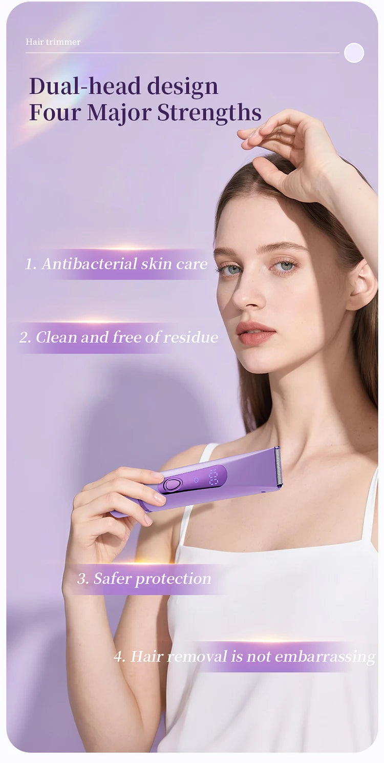 Una mujer usa un cortador de pelo eléctrico morado en su cuero cabelludo, demostrando cuatro grandes fortalezas.