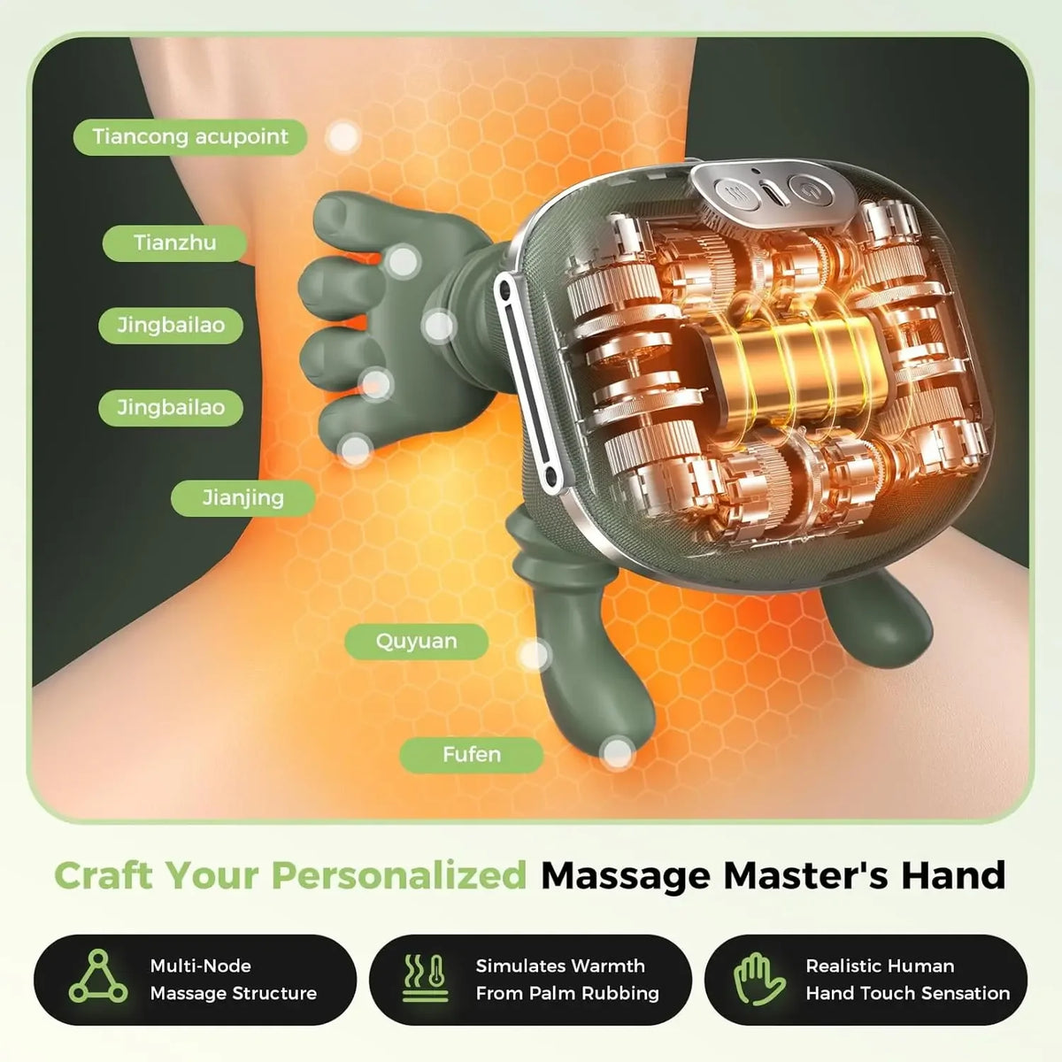 A green electric massage hand featuring acupoints for personalized massage treatment.
