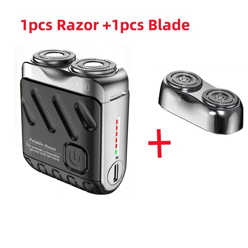 A black electric shaver body and a replacement blade are shown next to each other.