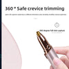 A hand holds a gold-colored electric eyebrow trimmer, demonstrating the 360 degree full slot capture feature.