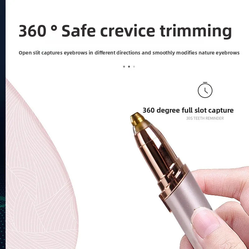 A hand holds a gold-colored electric eyebrow trimmer, demonstrating the 360 degree full slot capture feature.