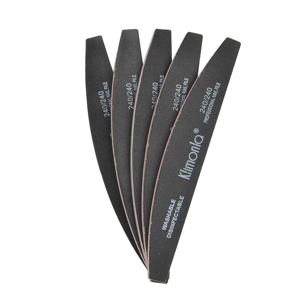 A set of five black professional nail files with varying grits for manicure and pedicure.