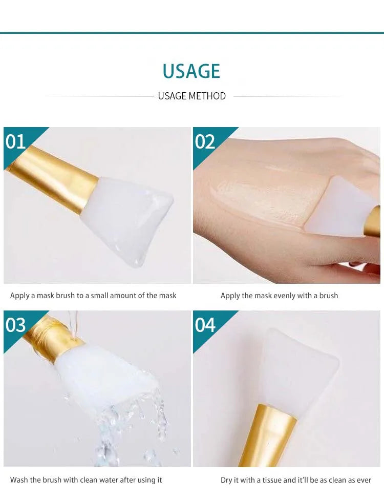 Instructions showing how to use a silicone facial mask applicator brush for applying and cleaning masks.