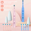 A set of four colorful replaceable brush heads and a blue electric toothbrush with a cartoon design.