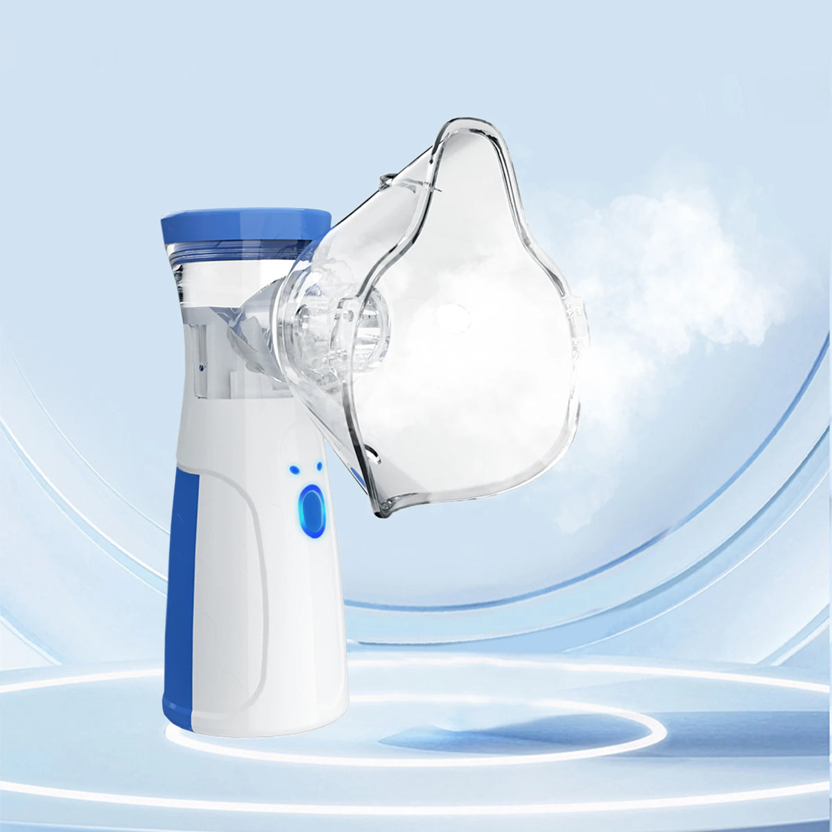 A white and blue 2-in-1 facial steamer and humidifier device is shown emitting a cloud of steam.