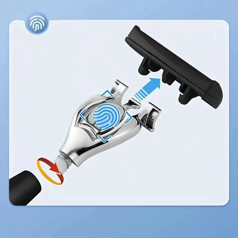 Tête de rasoir argentée de précision à côté d'un rasoir manuel noir et d'une icône de scan d'empreintes digitales bleue.