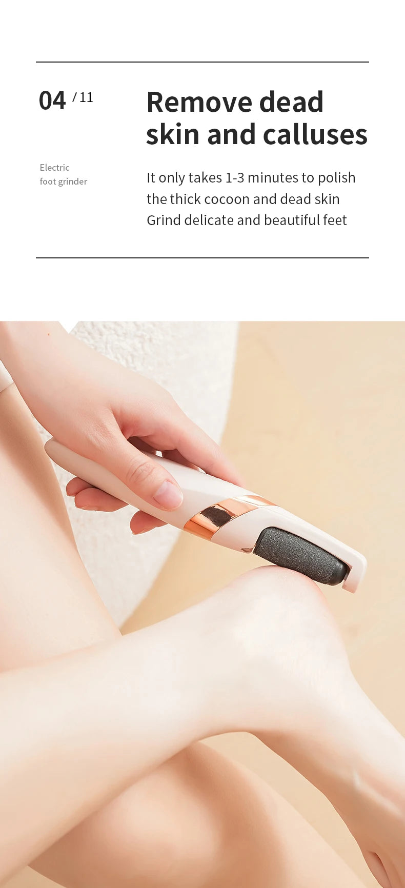Une main utilise un outil de ponçage électrique blanc et rose or sur le pied d'une personne.