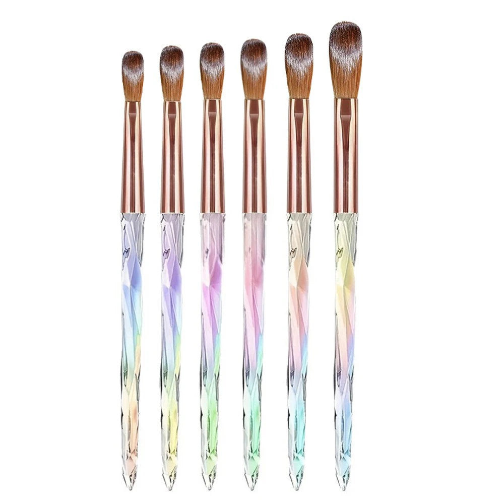 A set of six acrylic nail brushes with iridescent and gradient colors for professional nail art
