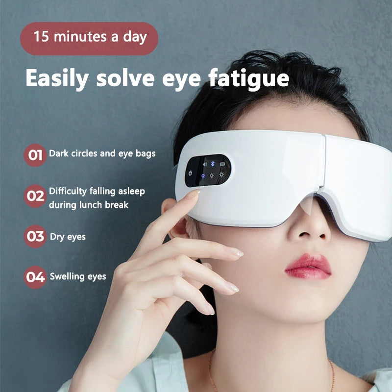 A woman is using a white smart eye massager device to relieve eye fatigue.
