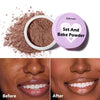 Before and after comparison showing the results of using a long-lasting matte setting powder and puff set on lips.