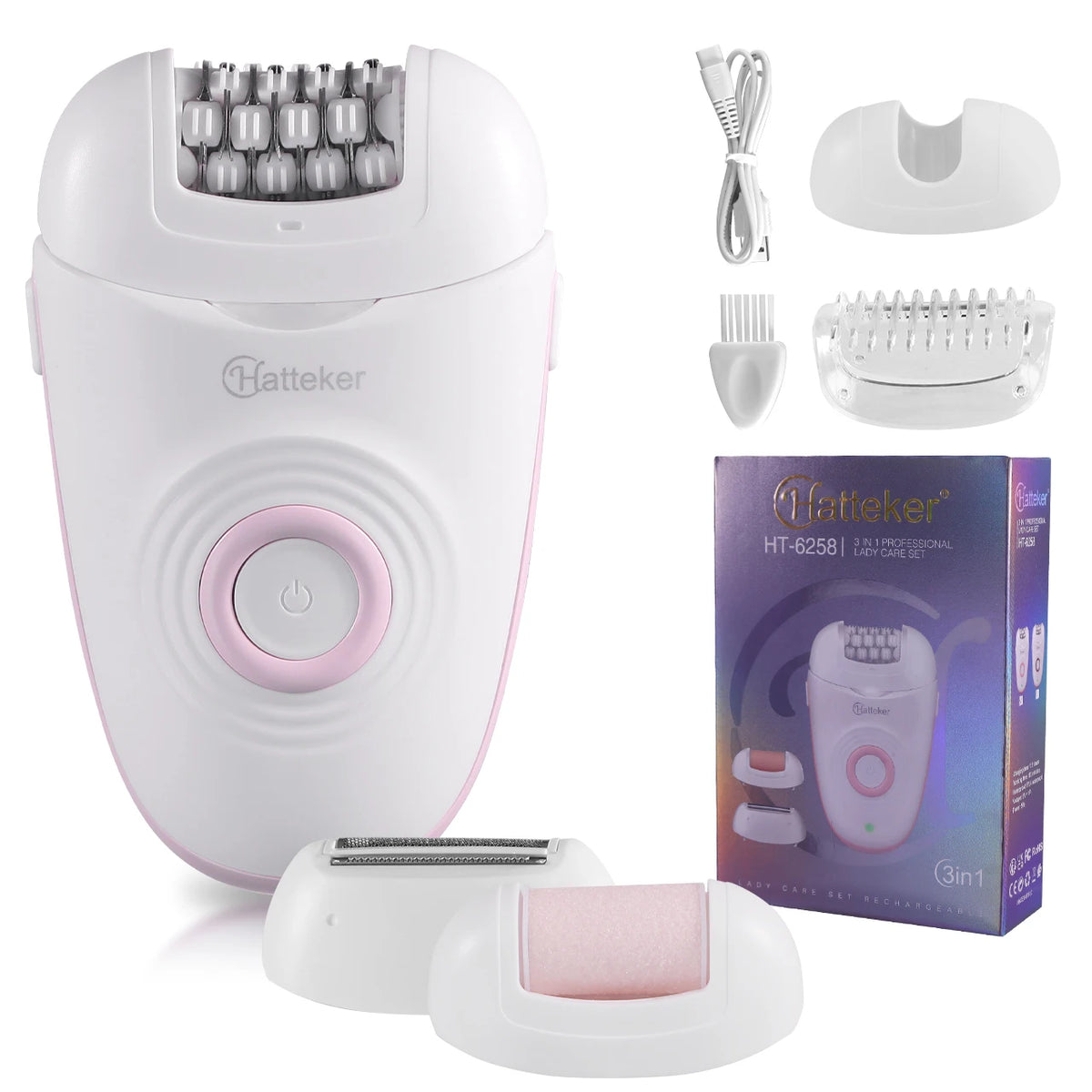 A white Hatteker 2-in-1 rotary body and facial hair remover device shown with various attachments and packaging.