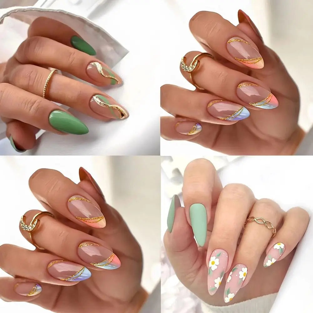 A collection of press-on false nails featuring a French wavy design in various shades of green, pink, and gold accents.