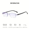 A display showing various sizes and measurements for a pack of 14 frameless anti-blue light reading glasses.