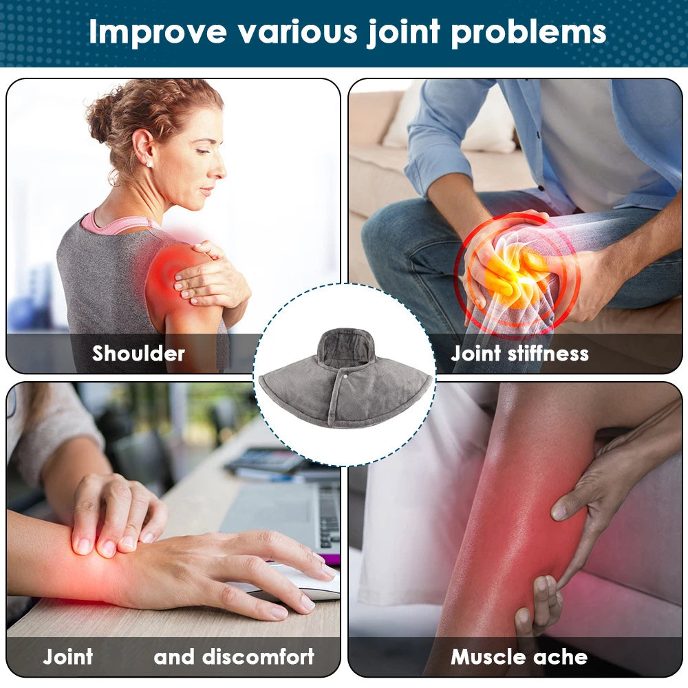 An electric heated massager is shown targeting joint stiffness, shoulder pain, and muscle ache in various joints.