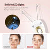 Close-up of an electric hair epilator device with a built-in LED light, showing before and after results for facial hair remo