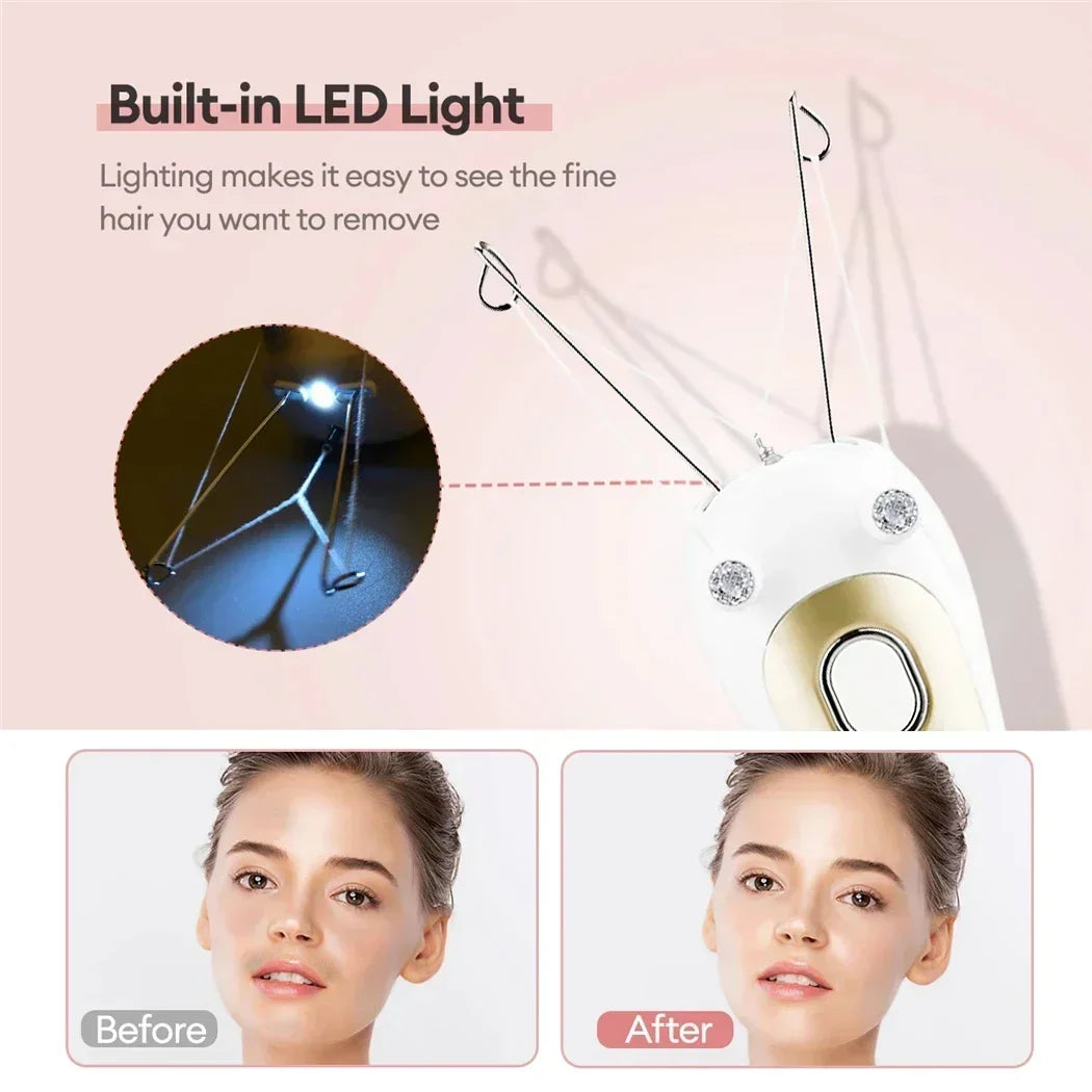 Close-up of an electric facial hair remover device with a built-in LED light, showing before and after results on the skin.