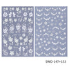 Two sheets of embossed white floral nail stickers featuring various flower and leaf designs.