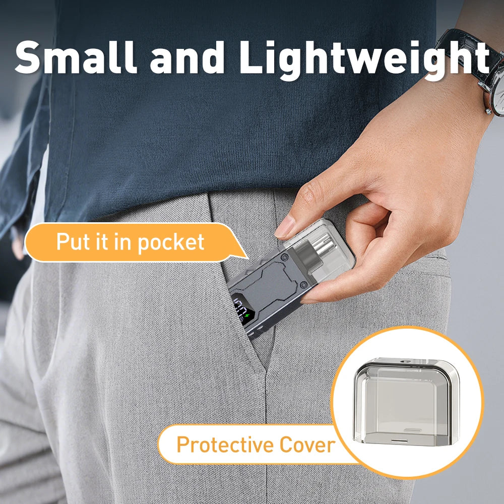 A hand puts a portable electric nose hair trimmer with a protective cover into a pocket.
