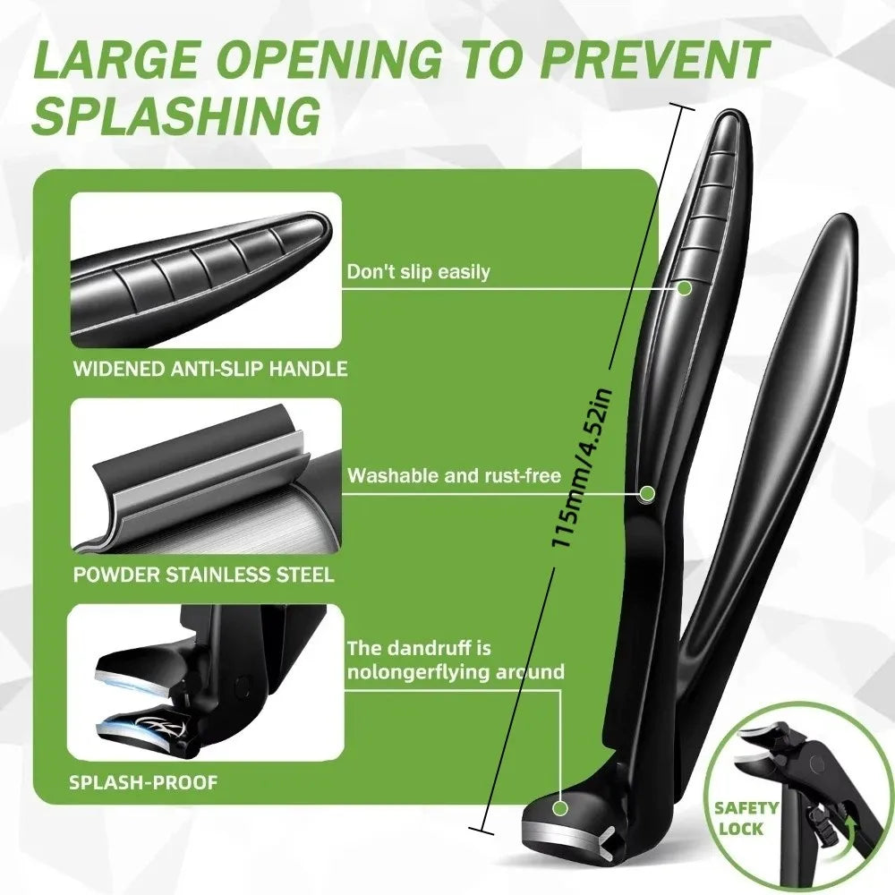 Black stainless steel curved nail clippers with a widened anti-slip handle and safety lock