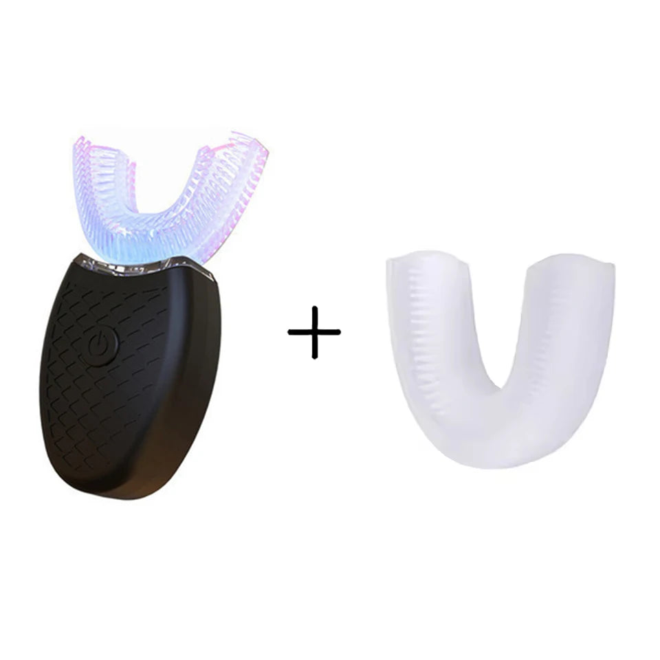 A set of a black charging base and a white silicone brush head for a 360° automatic sonic electric toothbrush.