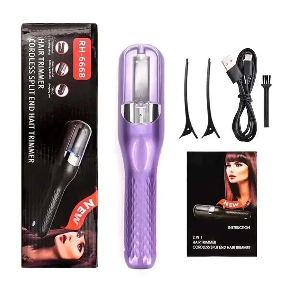 A purple cordless split end hair trimmer with attachments shown next to its packaging.