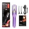 A purple cordless hair trimmer with attachments shown next to its packaging and an instruction card.