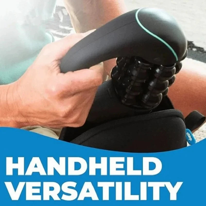 A hand is holding a black electric percussive massager with a green accent on the head.