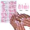 A collection of pink glossy press-on nails for hands and toes is displayed alongside a storage box.