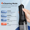A hand holds a black portable electric dental floss and oral irrigator device with various pressure settings displayed.