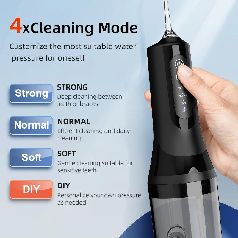 A hand holds a black portable electric dental floss and oral irrigator device with various pressure settings displayed.