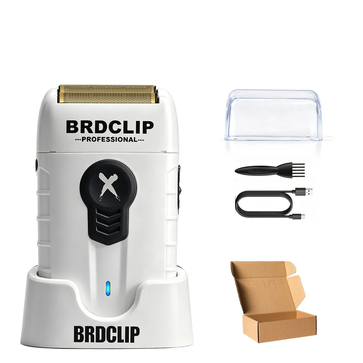 A white BRDCLIP professional electric shaver trimmer with accessories and packaging box.