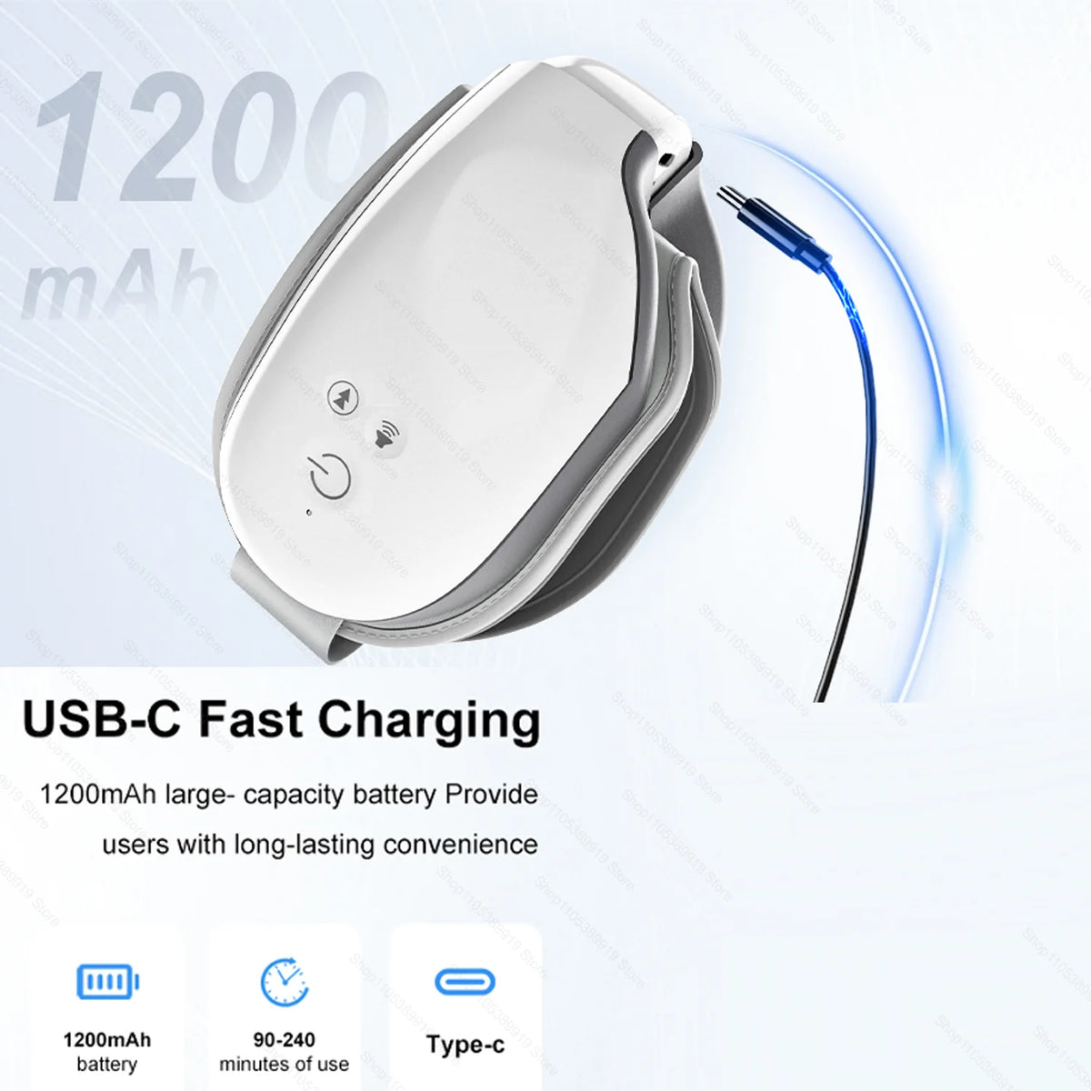 Weißer Handmassagegerät mit Ladekabel und Batteriedetails.