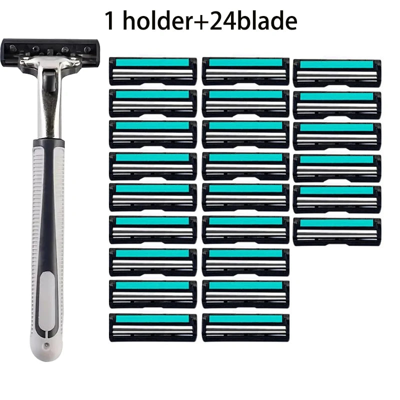 A silver double blade shaver with one holder and twenty-four replaceable blades arranged in a grid.