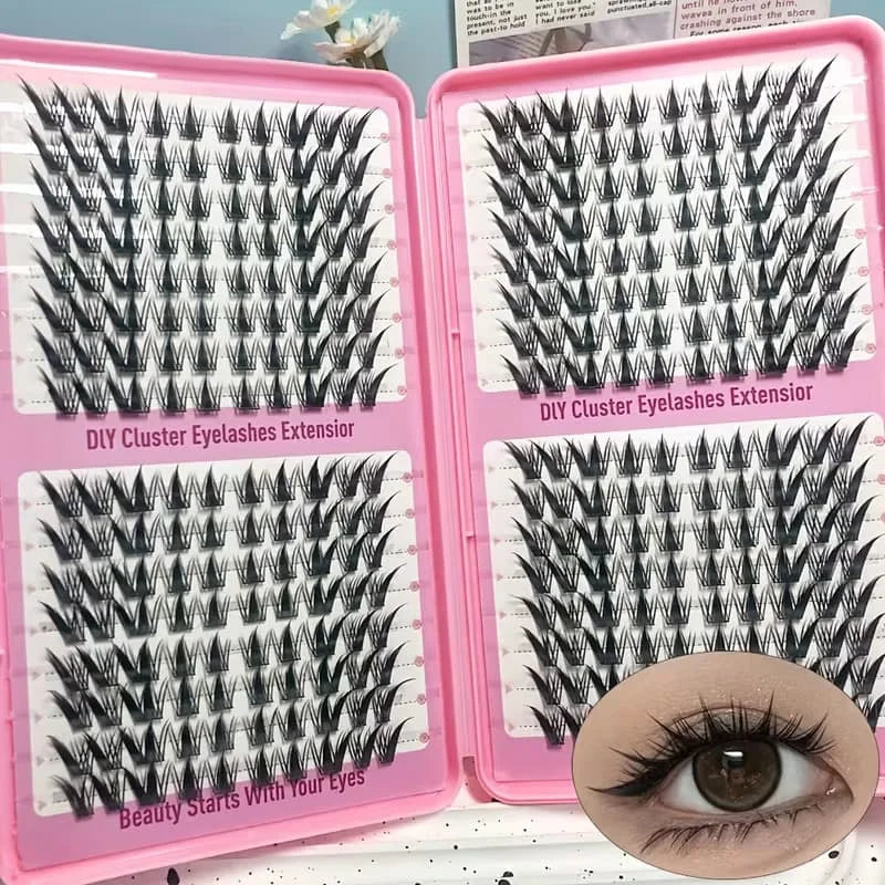 A pink plastic box containing 320 piece Korean style eyelash clusters for DIY makeup