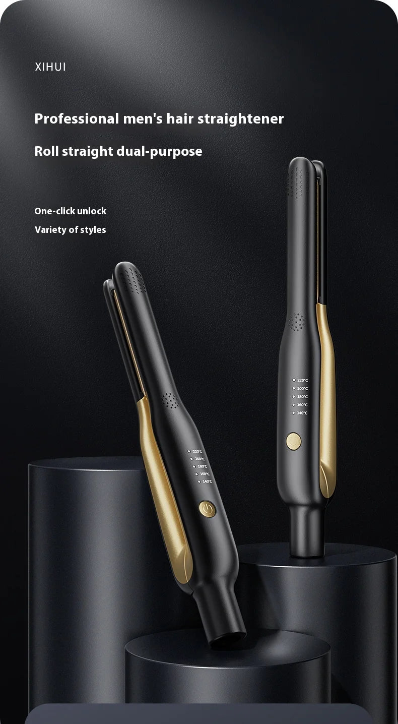 Plancha de pelo negra para hombres con acento dorado, apoyada en un soporte oscuro.