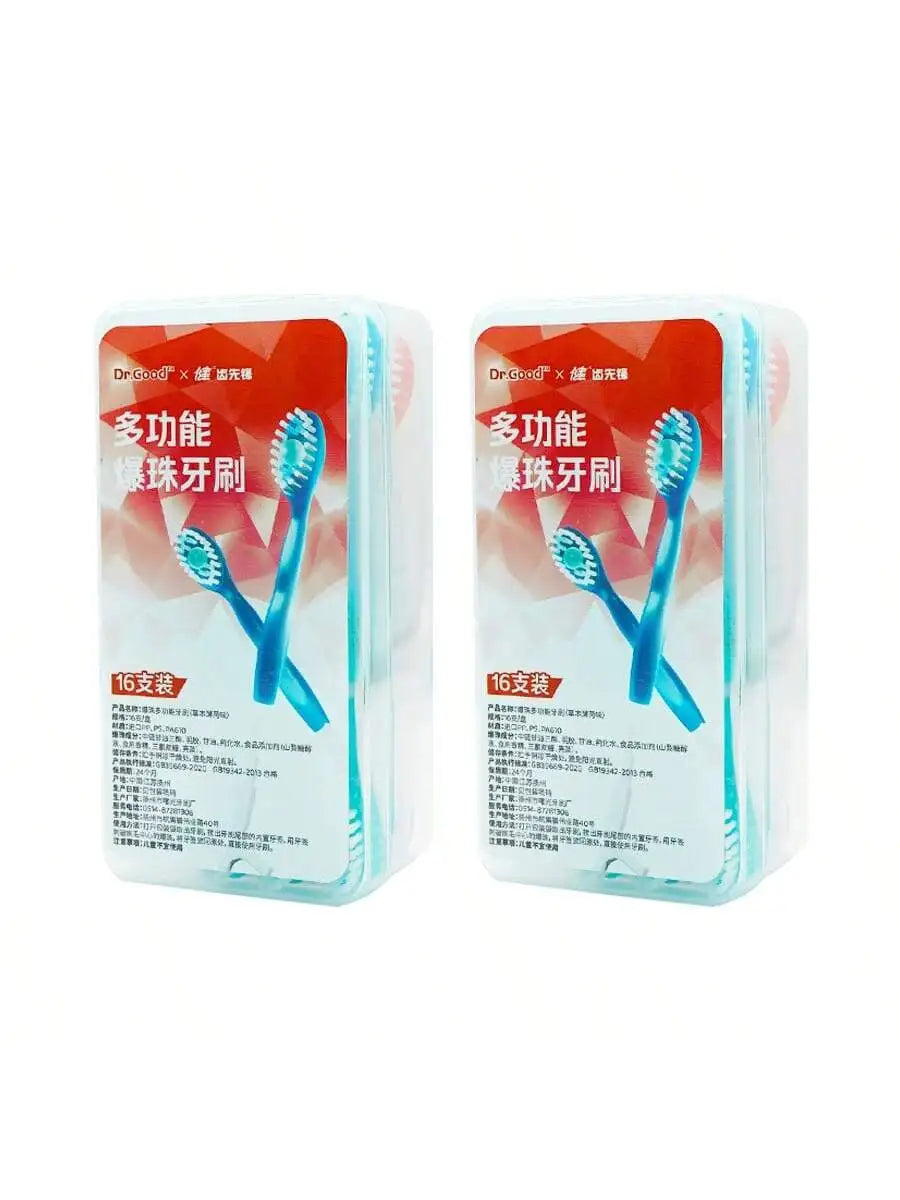 A set of 5 portable dental floss toothbrushes in light blue packaging.
