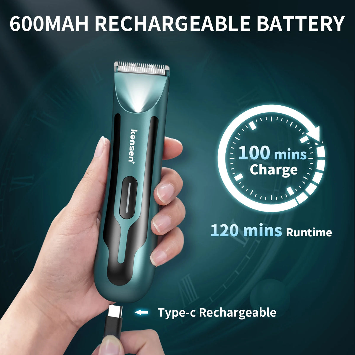 A hand holds a Kenso 600mAh rechargeable battery body hair trimmer with a ceramic blade, showing the Type-c rechargeable feat