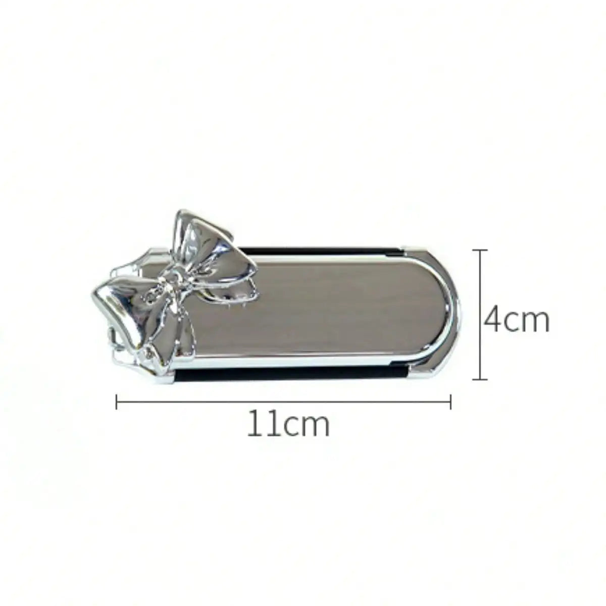 Silver portable compact comb with an airbag and mirror, shown with dimensions.