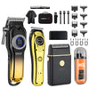 A set of professional electric hair clippers and accessories in black and gold finishes.