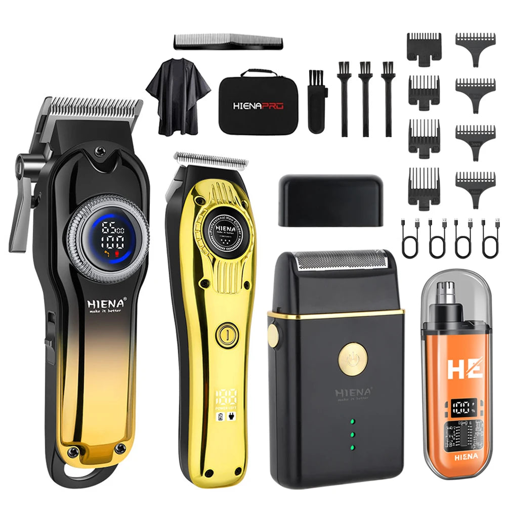 A set of professional electric hair clippers and accessories in black and gold finishes.
