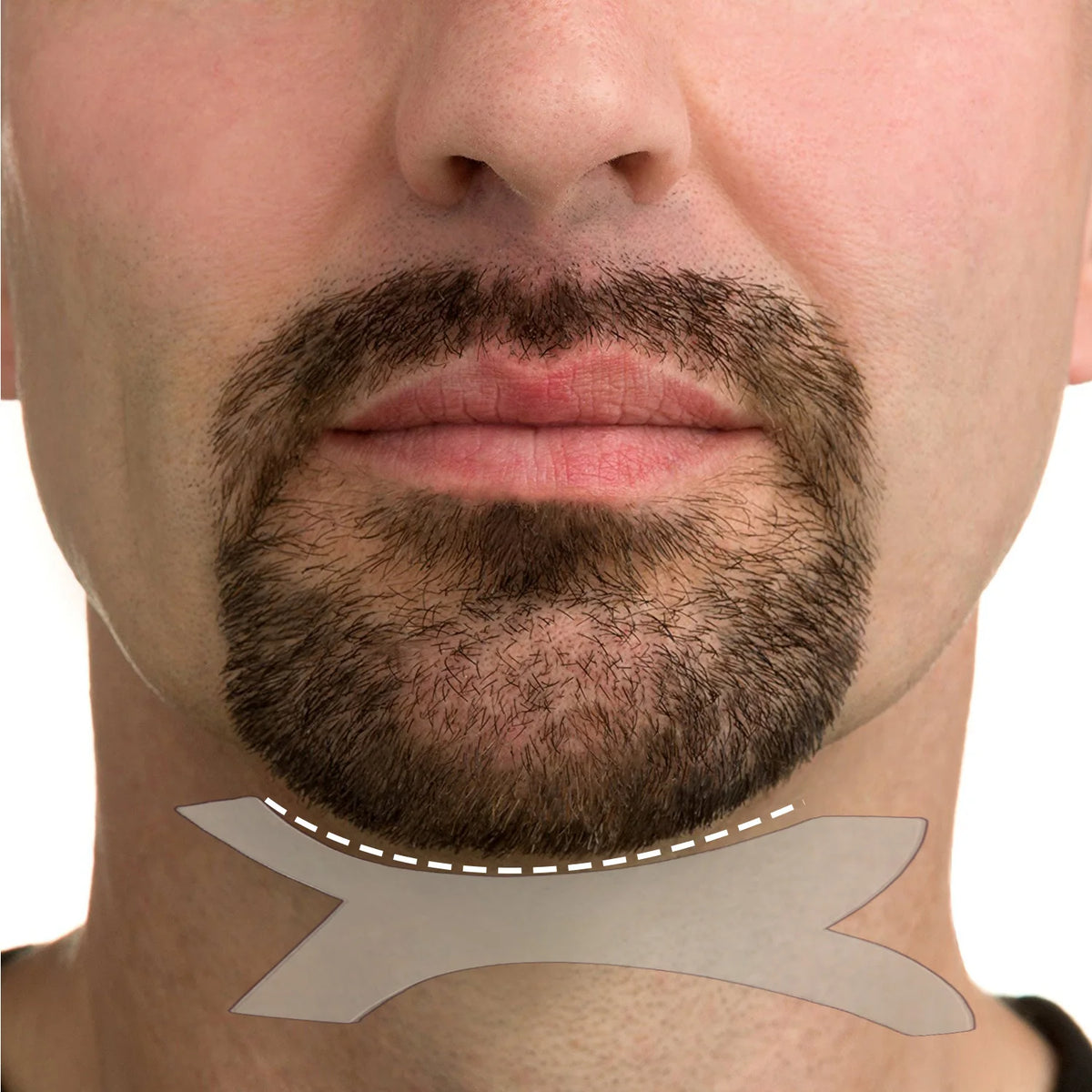 Close-up of a man's face showing a beard and mustache, with a professional beard shaping tool kit placed on his neck.